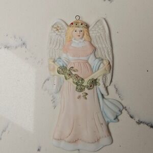 VTG Ceramic Angel Ornament Hanging Figurine with Scroll Pastel Colors Whimsical
